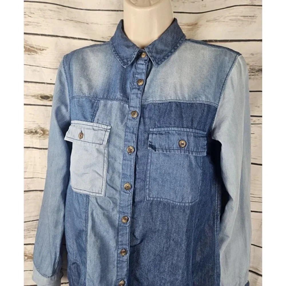 Anthropologie Pilcro Chambray Patchwork Top XS Denim Button Western Lyocell - Picture 3 of 7